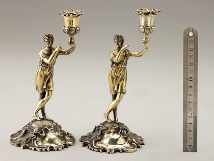 Fox Family Sterling Silver Gilt Figural Cast Candlesticks (Pair) - Charles Thomas Fox, George Fox